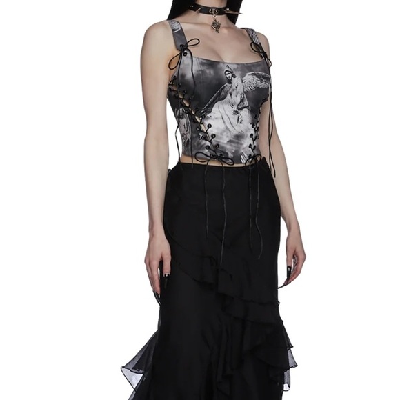 Dolls Kill NWOT Sold Out Women's Black Angel Print Corset Top - Picture 6 of 11